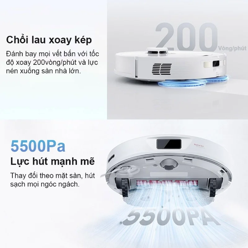 Lau xoay 360 độ và lực hút 5500Pa mạnh mẽ.
