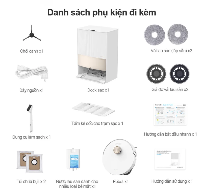 Bộ phụ kiện Dreame L20 Ultra gồm dock sạc, vải lau, túi bụi và nhiều tiện ích khác