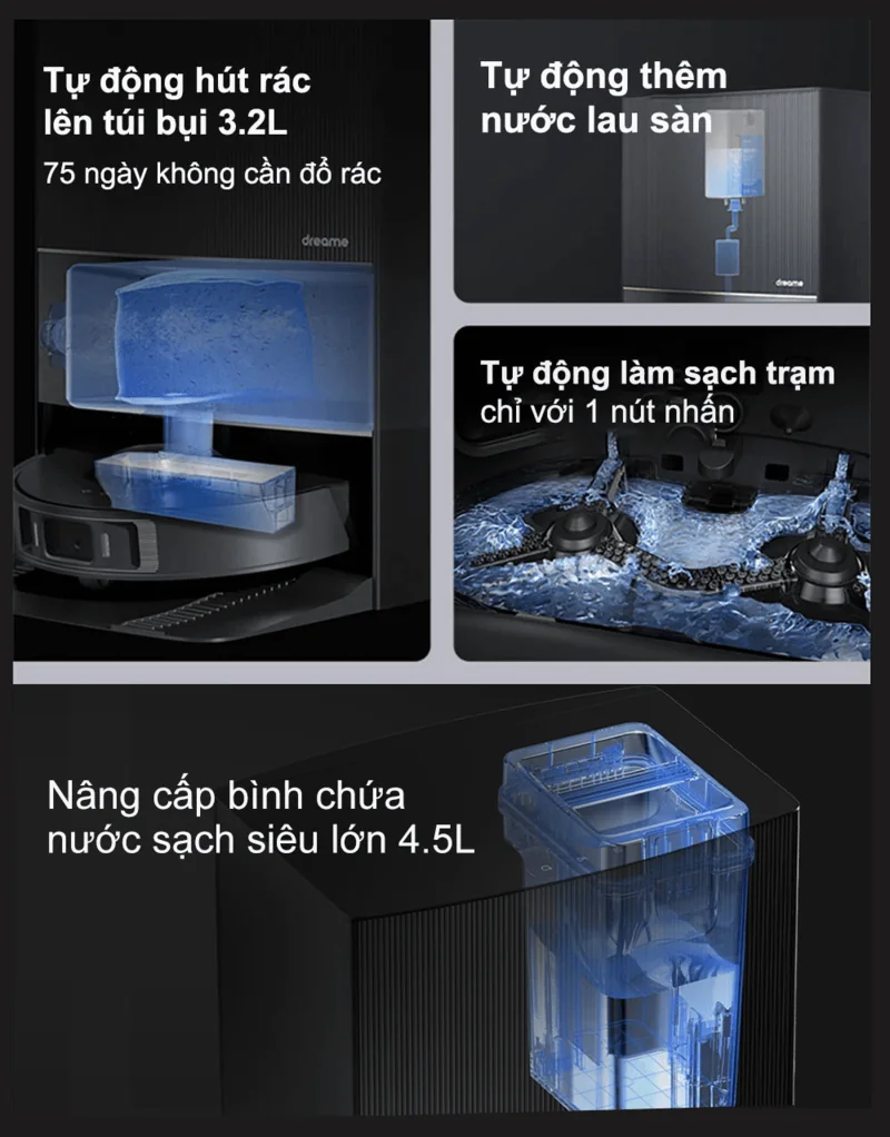 Trạm sạc Dreame L20 Ultra tự động hút rác, thêm nước và làm sạch chỉ với một nút nhấn