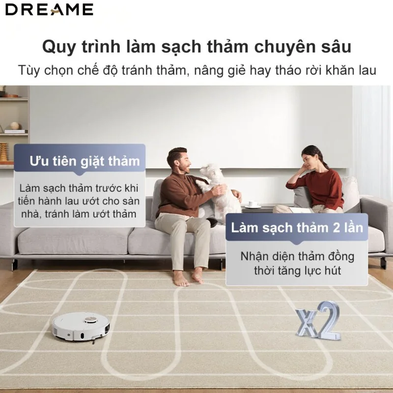 Dreame X40 Ultra với chế độ làm sạch thảm thông minh tự động điều chỉnh lực hút